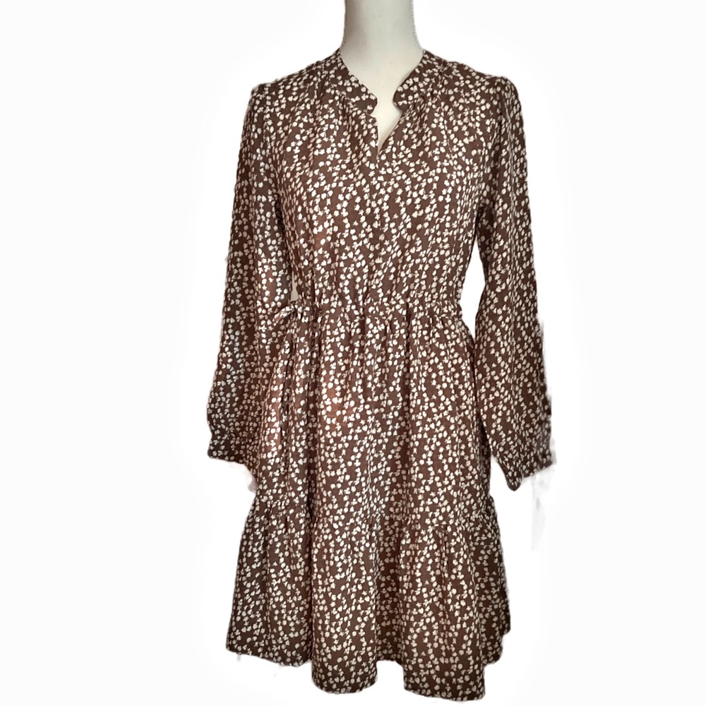Elegant Brown Long Sleeve Dress with White leaves